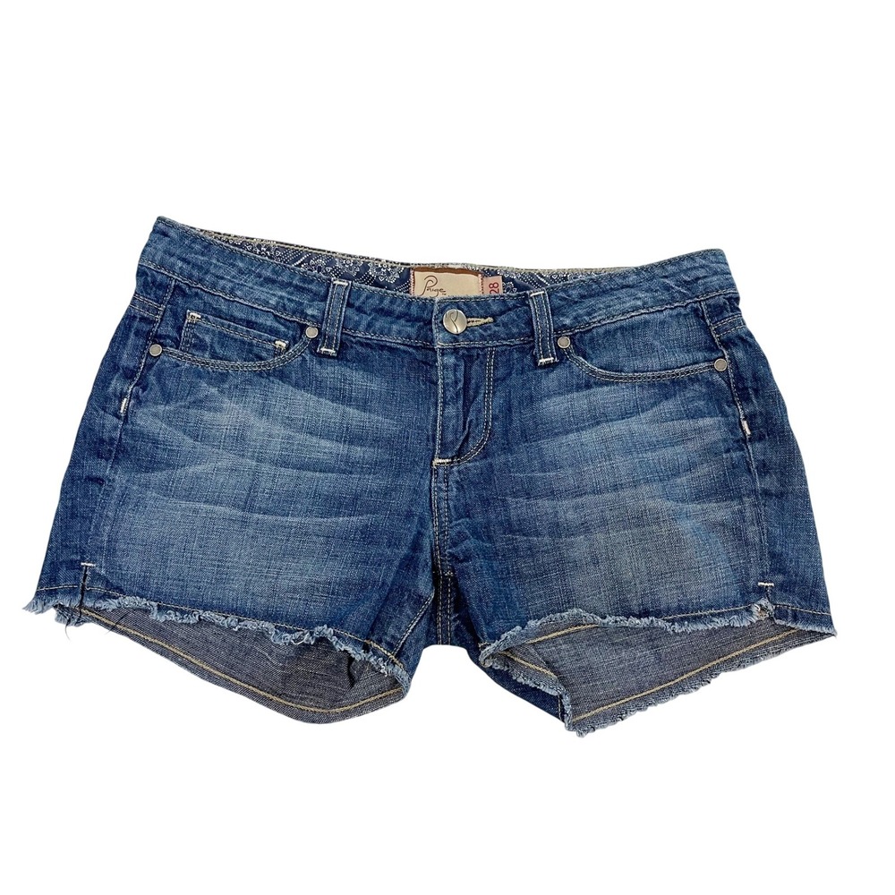 Paige Denim Low Rise Cutoff Jean Shorts Medium Wash Blue Boho Y2K - Size 28